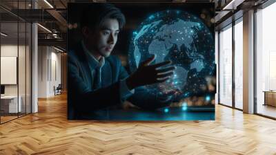 Business concept , Man touching global network and data exchanges over the world 3D rendering,  Wall mural