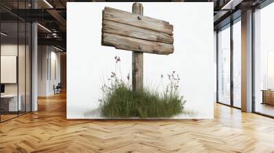 Wooden sign on grass isolated on white background Wall mural