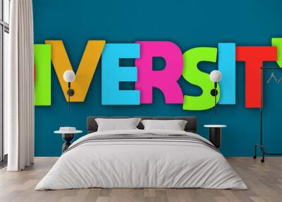 Diversity - overlapping multicolor letters written on blue background Wall mural