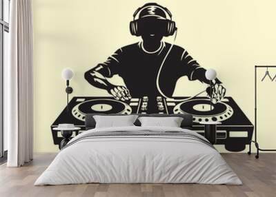 Disc Jockey Man Silhouette vector. Black and white Disc Jockey Man isolated on white Wall mural