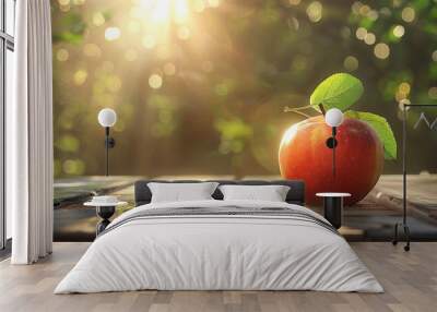 A red apple with a green leaf sitting on top of a wooden table Wall mural