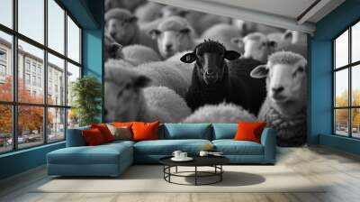 Black and white photo of sheep standing out in the crowd, symbolizing individuality or group Wall mural