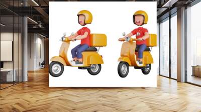 courier riding a yellow motorcycle with happy pose. 3d rendering illustration Wall mural