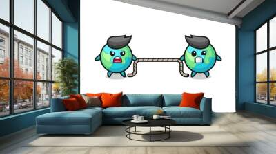 cute earth character is playing tug of war game Wall mural