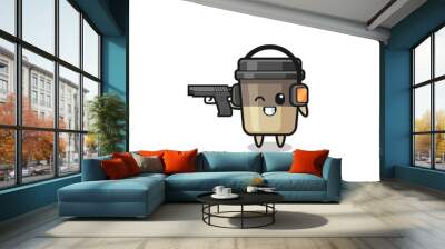 illustration of coffee cup cartoon doing shooting range Wall mural