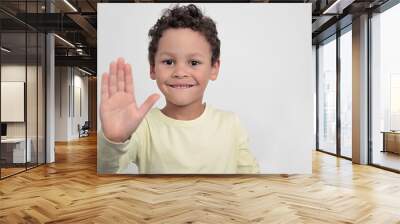 boy with hand showing stop gesture on white background stock photo  Wall mural