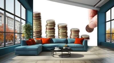 coins piled up golden coins Stacked up on a table saving money in bank with people stock images stock photo Wall mural