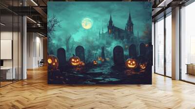 A spooky Halloween graveyard with lit jack-o-lanterns and a church in the background. Wall mural