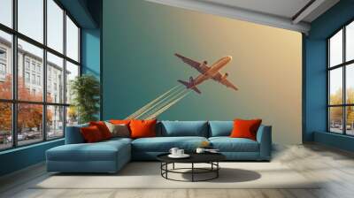 An airplane is captured in mid-flight, leaving a faint trail behind it Wall mural