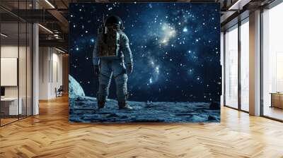 Astronaut in Space Suit Standing on a Rocky Surface with a Starry Background Wall mural