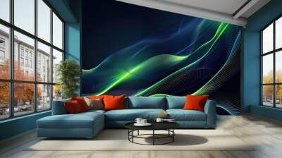 Glowing green and blue waves of light undulate in a mesmerizing digital dreamscape Wall mural