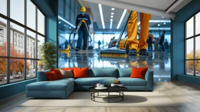 Large office building cleaning service staff using vacuum cleaner on floor with people in background Wall mural