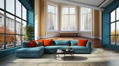 Sunlit Room with Bay Windows and Wooden Floor Wall mural