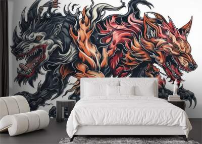 Two ferocious wolf-like creatures with sharp claws and teeth Wall mural