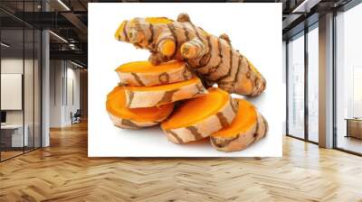 Whole and Sliced Turmeric Root on White Background Wall mural