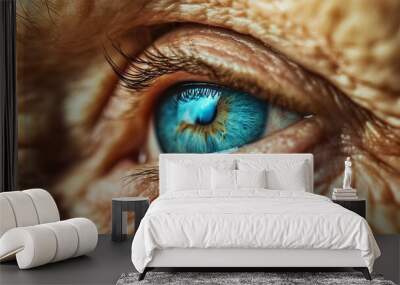 A close-up of an elderly woman's eye, showing deep wrinkles and expressive blue eyes Wall mural