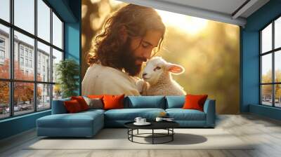 a man holding and looking at a baby lamb Wall mural