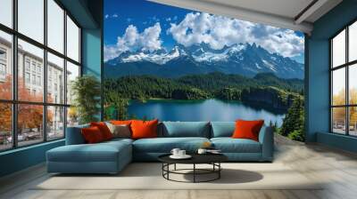 A panoramic view of the mountain range with snow-capped peaks Wall mural