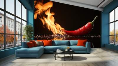 A red chili pepper on fire against black background. On the right side of an isolated Wall mural