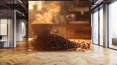 A steaming cup of coffee sits on top of a pile of fresh, mouthwatering beans in the foreground Wall mural