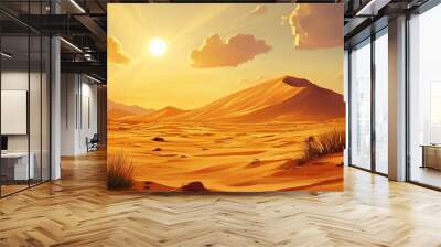 A stunning desert landscape with sand dunes, plants and the sun shining brightly in the sky Wall mural