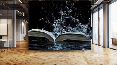 An open book floating in the water, a splash of water above it, black background Wall mural