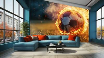 Soccer ball on fire, burning and smoke coming out from it, on the football field with a blurred background Wall mural