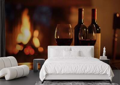 Two bottles of red wine and two glasses on the table Wall mural