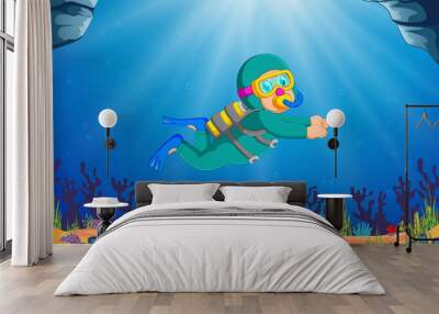 a professional boy is diving under the beautiful sea Wall mural