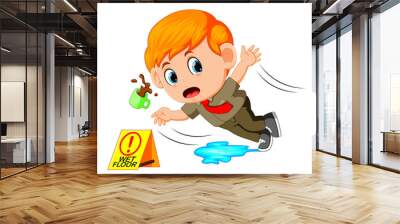 boy slipping on wet floor  Wall mural