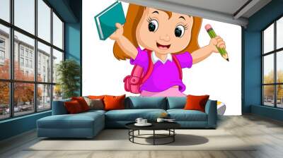 Cute girl go to school cartoon Wall mural