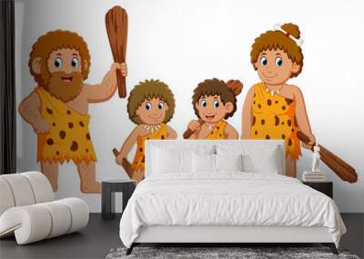 the caveman family is posing and smiling Wall mural