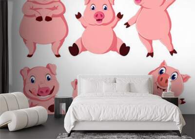 the collection of the pink pig in the different posing 
 Wall mural