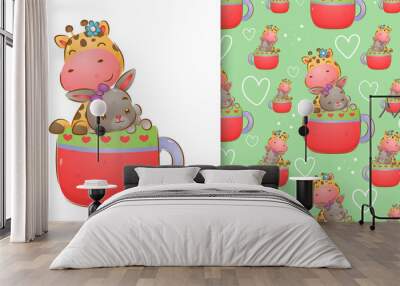 The watercolor of the giraffe and cute rabbit standing on the cups pattern set Wall mural