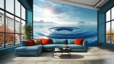 abstract futuristic background, northern panoramic landscape, fantastic scenery with calm water, geometric glossy  shape and blue sky. Minimal aesthetic wallpaper, created using generative AI.

 Wall mural