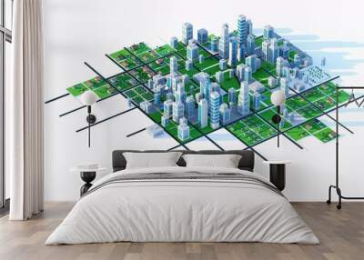 Clean, modern city with tall buildings, parks and green spaces. Digital 3D rendering. Wall mural