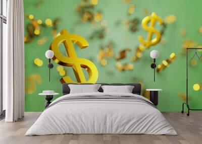 Gambling earnings background. Lucky jackpot winner, golden dollar signs rain. Digital 3D render. Wall mural