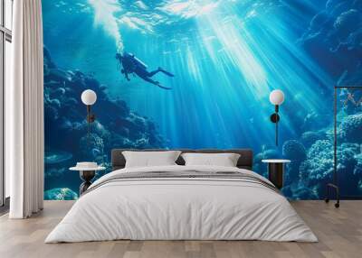 A person scuba diving underwater sea with shiny sun light from the surface. Generative AI technology.	
 Wall mural