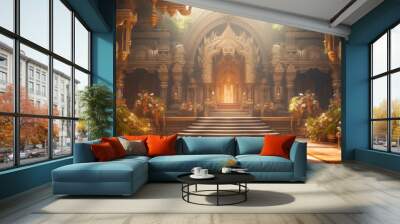 Ancient India grand temple interior background. Generative AI technology. Wall mural