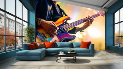 Bassist playing at concert background. Generative AI technology. Wall mural