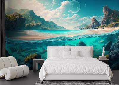 Beautiful tropical island beach coast. Generative AI technology.	 Wall mural