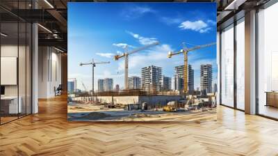 Building construction sites development and tower cranes. Generative AI technology. Wall mural