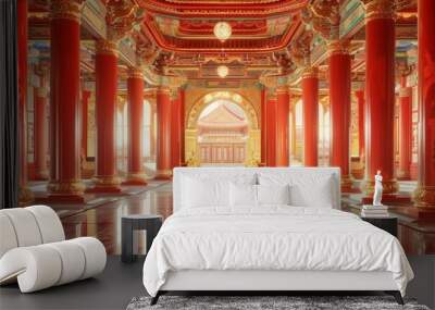 Chinese style palace temple interior with column. Landmark religion building architecture. Generative AI technology.	
 Wall mural