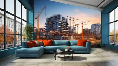 City building construction sites development and tower cranes. Generative AI technology. Wall mural