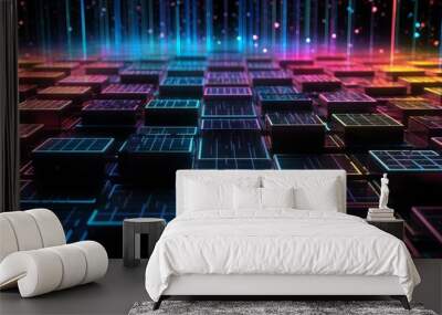 Colorful glow block cube data crypto currency system network structure technology background. Generative AI technology.	 Wall mural