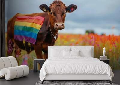 Cow with rainbow flag on grass field background. LGBT pride gender equality symbol. Generative AI technology.	
 Wall mural