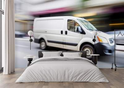 Delivery white van truck. Cargo courier transport service concept. Motion blur road background. Generative AI technology. Wall mural