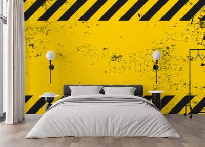 Dirty old grunge black and yellow warning striped line background template. Construction safety sign banner Wall mural