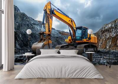 Excavator machine at mine. Mining industry heavy vehicle concept. Generative AI technology. Wall mural