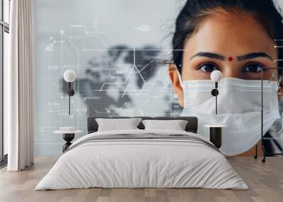 Female Indian doctor on white technology background. Healthcare medical profession. Generative AI technology.	
 Wall mural